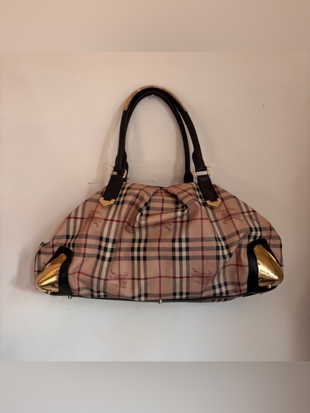 Burberry Beige Plaid Shoulder Bag with Black Handles and Gold Hardware